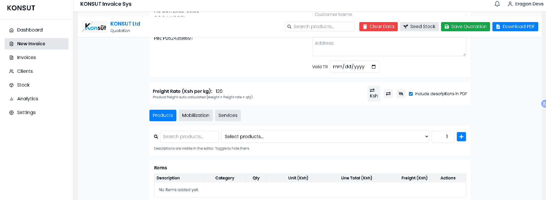 KONSUT Ltd Invoice System screenshot